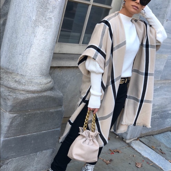 Plaid Shawl Poncho Kimono - Ashlee Nude & Black - Picture 2 of 8